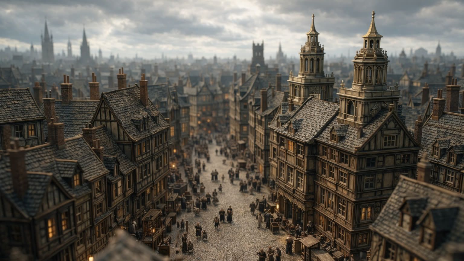An aerial view over a miniature Tudor city, timber-framed rooftops and church spires above a cobbled street busy with market traders.
