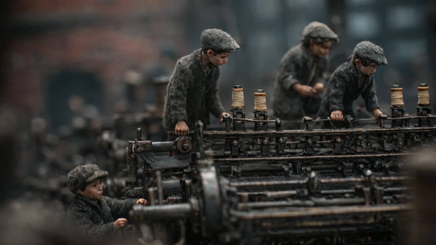 Miniature child mill workers in flat caps leaning over the spindles and bobbins of a soot-blackened cotton spinning machine.
