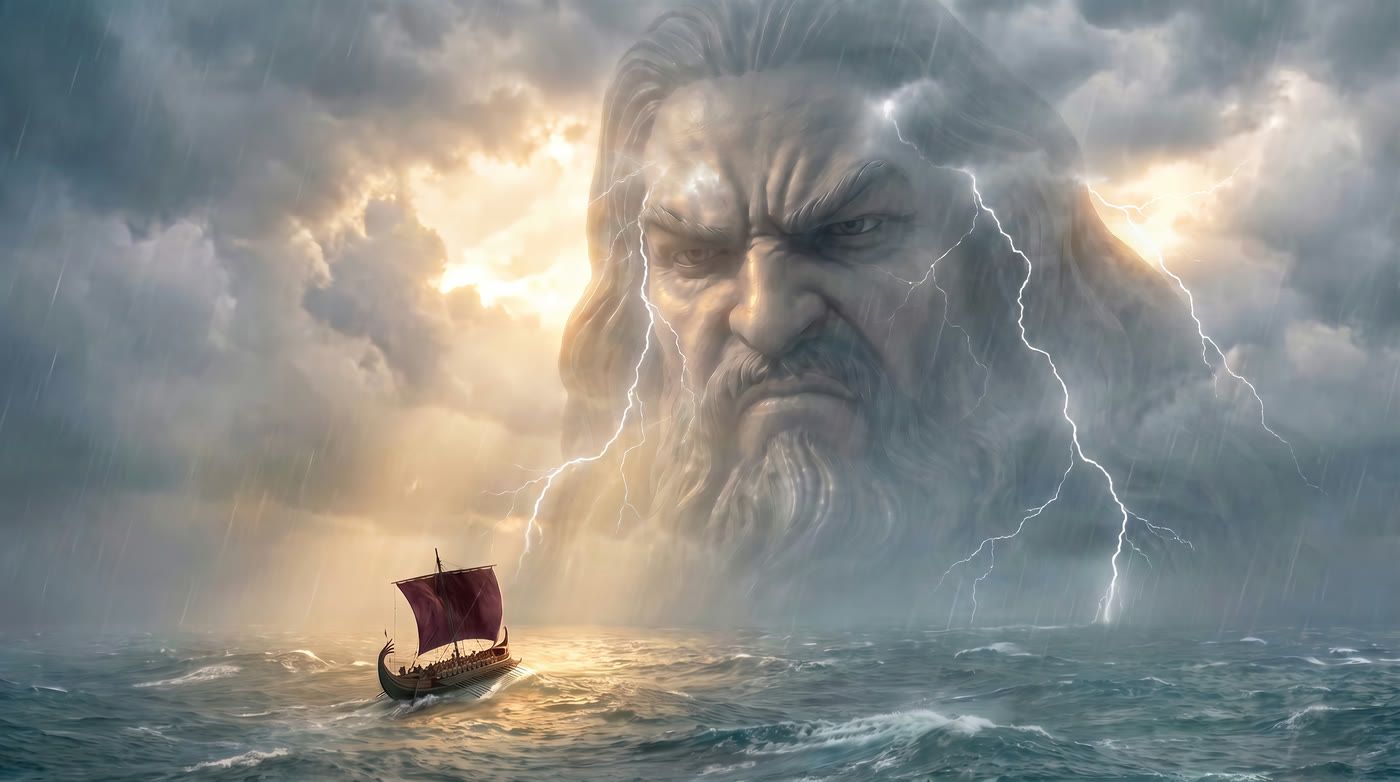 A vast bearded face formed from storm clouds and lightning looming over a small sailing ship on a rough sea.
