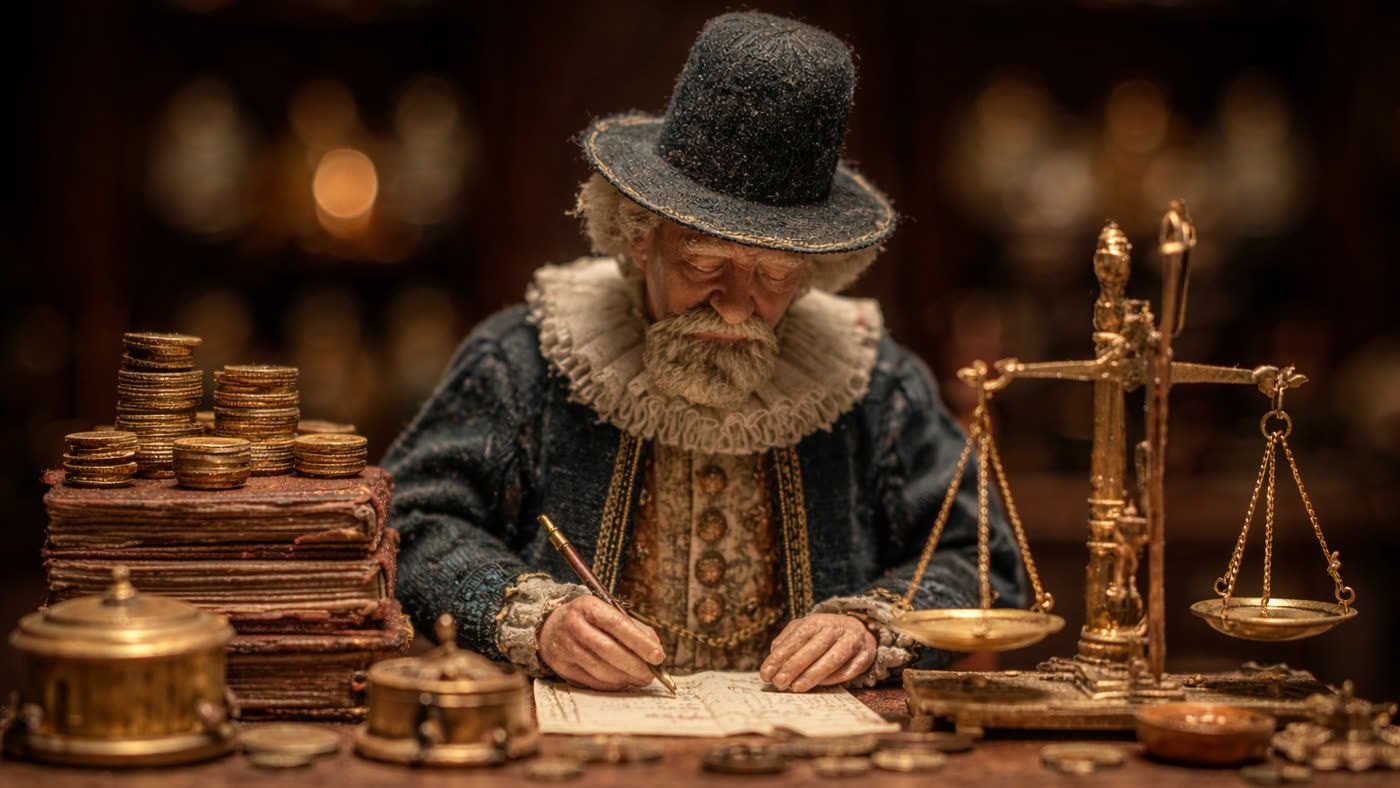 A miniature Dutch merchant in a tall hat and lace ruff writing in a ledger beside stacked gold coins and a set of brass scales.