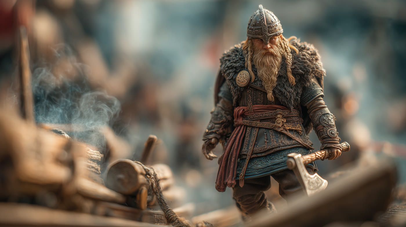 A miniature Norse warrior in a mail shirt and fur cloak, axe in hand, standing on the deck of a longship.